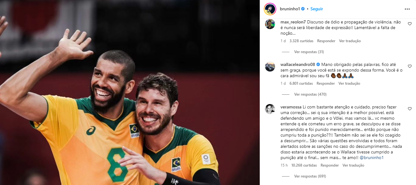 Post de Bruninho com os comentários de Wallace e Vera Mossa / Reprodução/Instagram Bruninho