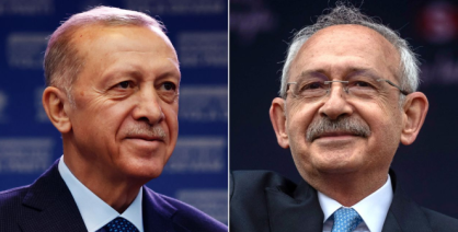 O presidente turco Recep Tayyip Erdogan (esq.) e seu principal adversário da oposição, Kemal Kilicdaroglu (dir.)