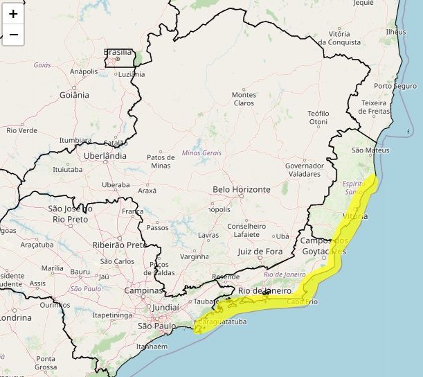 Inmet alerta para previsão de ventos costeiros, entre hoje (16) e amanhã (17), em áreas litorâneas do Espírito Santo, São Paulo e em todo o litoral do Rio de Janeiro / Reprodução/Inmet