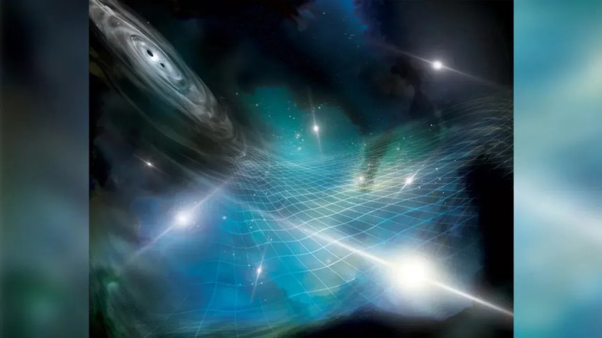 Ilustração mostra pulsares sendo afetados por ondulações gravitacionais produzidas pela fusão de um buraco negro supermassivo em uma galáxia distante / Divulgação / Aurore Simonnet for the NANOGrav Collaboration