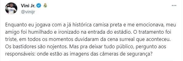 Mensagem publicada pelo jogador Vinícius Jr. após novo caso de racismo / Reprodução
