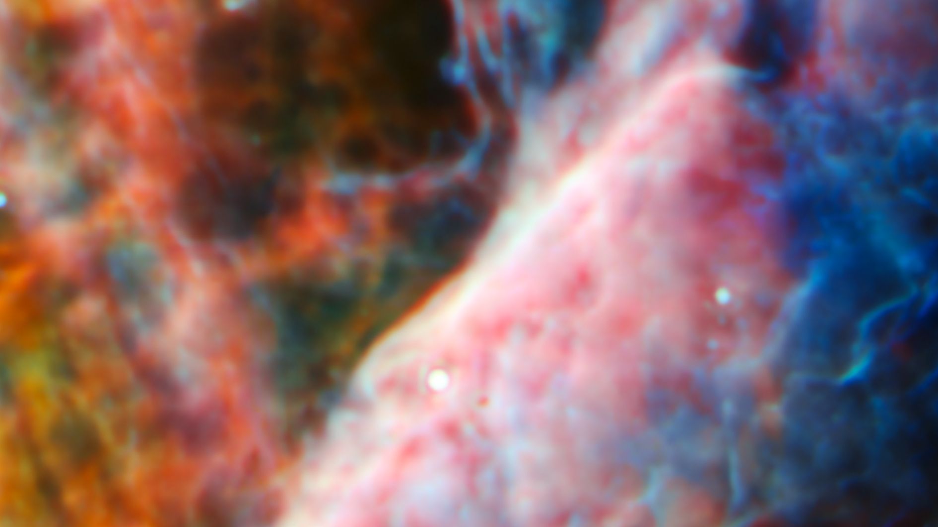Esta imagem do MIRI (Mid-Infrared Instrument) do Webb mostra uma pequena região da Nebulosa de Orion. No centro desta imagem está um sistema estelar jovem com um disco protoplanetário chamado d203-506. Uma equipe internacional de astrônomos detectou uma nova molécula de carbono conhecida como cátion metil pela primeira vez em d203-506. / Reprodução/Nasa