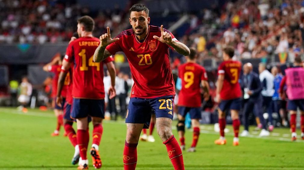 Joselu celebra gol da vitória contra a Itália, pela semifinal da Liga das Nações da Uefa 2023