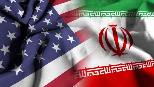 Arte da bandeira dos Estados Unidos junto da bandeira do Irã