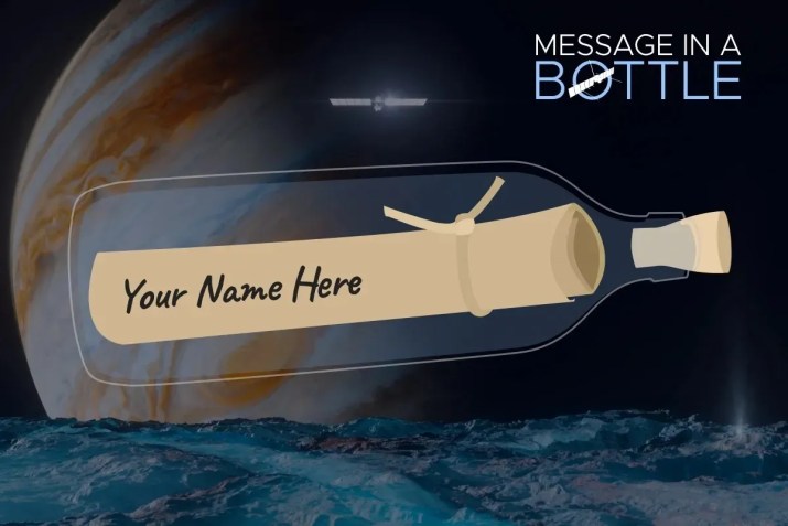 A campanha “Mensagem na Garrafa” oferece a todos a oportunidade de ter seu nome estampado em um microchip com a frase junto ao poema de Ada Limón. O chip viajará a bordo da espaçonave Europa Clipper da Nasa para Júpiter e sua lua Europa. / NASA/JPL-Caltech