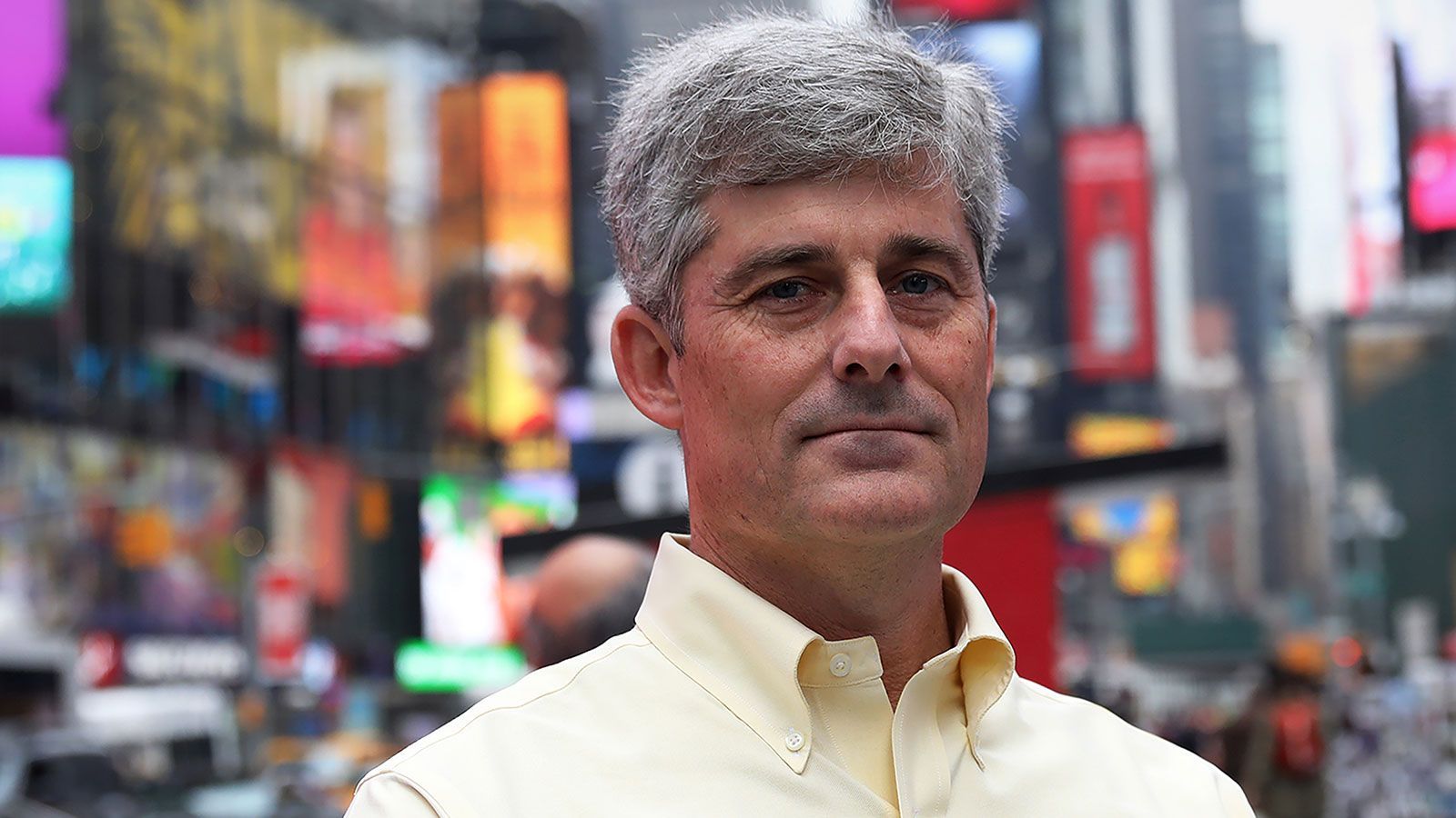 Stockton Rush, CEO of OceanGate exhibitions, poses at Times Square in New York