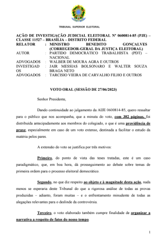 Voto de Benedito Gonçalves, relator de ação contra Jair Bolsonaro por reunião com embaixadores / Reprodução