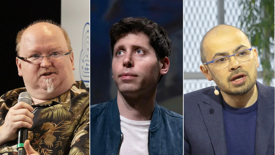 Da esquerda para a direita: CTO da Microsoft, Kevin Scott, CEO da OpenAI, Sam Altman, CEO do Google DeepMind, Demis Hassabis. / Joy Malone/David Ryder/Bloomberg/Joel Saget/AFP/Getty Images