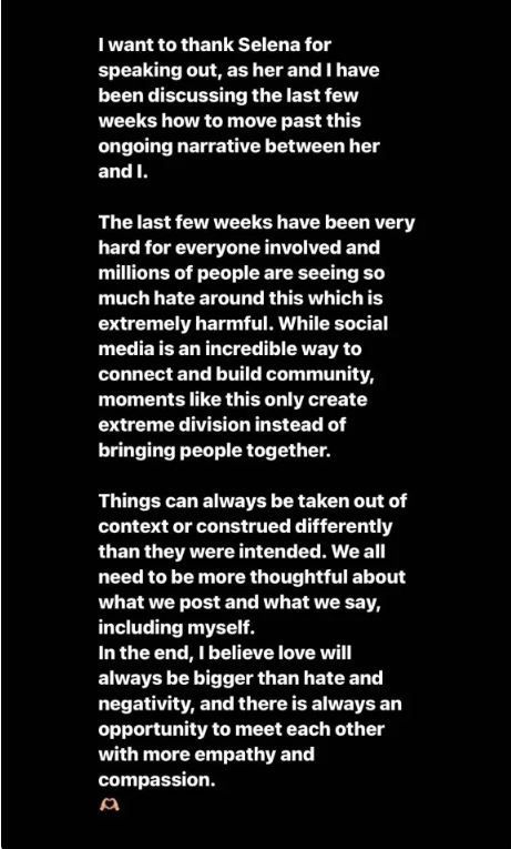 Hailey Bieber agradeceu Selena Gomez / Reprodução / Instagram