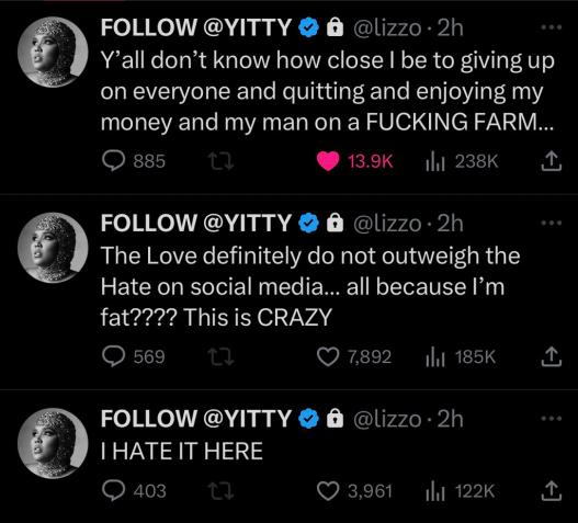 Lizzo desabafa em rede social após comentários gordofóbicos / Reprodução/Twitter