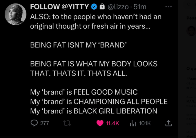 Lizzo desabafa após comentários gordofóbicos / Reprodução/Twitter