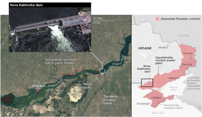 Mapa da região onde a barragem destruída está instalada. À direita, regiões controladas pela Rússia. As informações são de oficiais ucranianos e da Crimeia, Academia Polonesa de Ciências e Instituto Polonês de Tecnologia e Ciências da Vida, Instituto Nacional de Pesquisa, Instituto para o Estudo da Guerra com o Projeto de Ameaças Críticas da AET, Google Earth e Maxar Technologies. / Arte por Henrik Pettersson/CNN