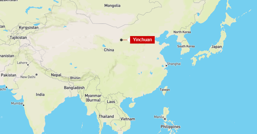 Mapa da região onde a explosão ocorreu na China. / Mapbox