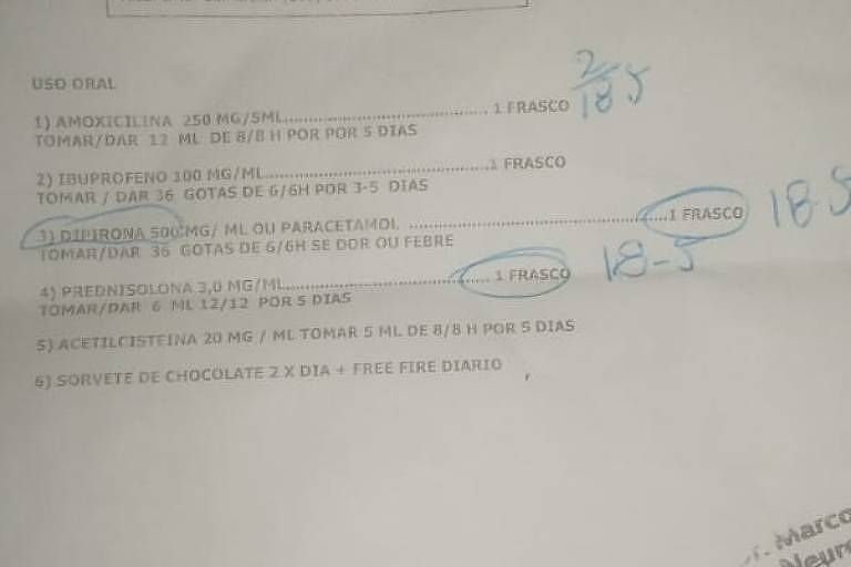 Receita médica conta com itens como sorvete de chocolate e free fire