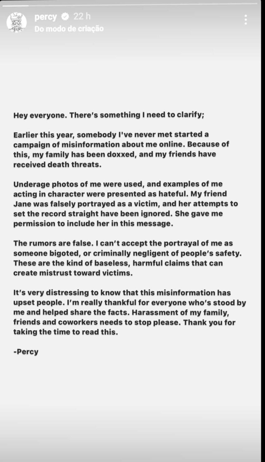 Percy Hynes White fala sobre acusações de assédio sexual / Reprodução/Instagram