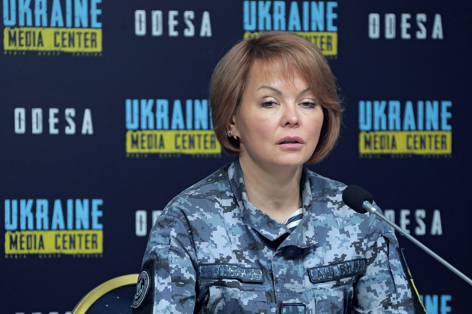 Natalia Humeniuk participa de um briefing em Odessa, sul da Ucrânia, em 4 de maio. / Nina Liashonok/Ukrinform/Future Publishing/Getty Images/File