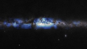 Ilustração de um artista retrata a Via Láctea vista através de uma lente de neutrinos, que é mostrada em azul