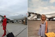 Criança apaixonada por voar tira foto ao lado de um avião em 1999; mais de 20 anos depois, ela recriou a foto