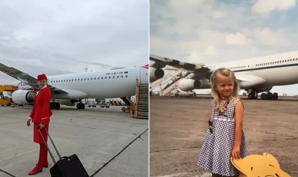 Criança apaixonada por voar tira foto ao lado de um avião em 1999; mais de 20 anos depois, ela recriou a foto