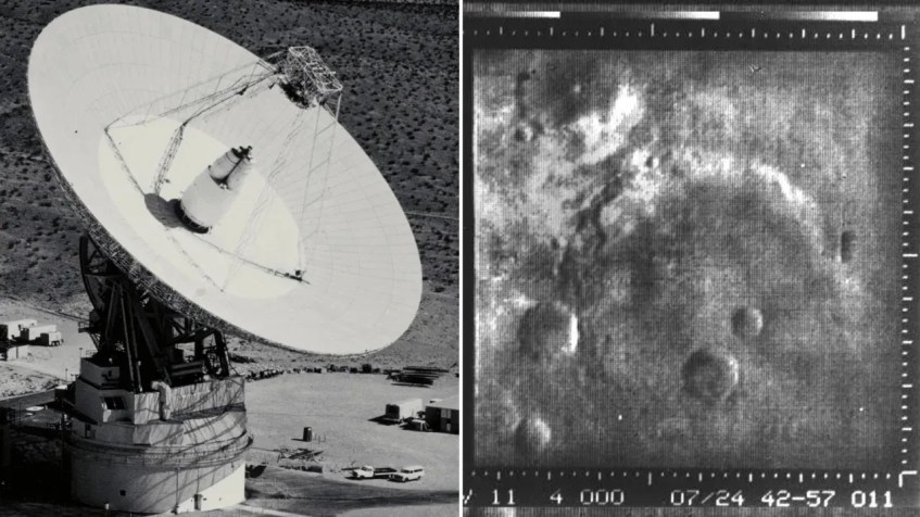 A antena de 64 metros (esquerda) em Goldstone, Califórnia, recebeu os sinais da Mariner 4. A imagem da Mariner 4 de mais alta resolução (direita) revelou a superfície marciana com crateras a 12.601 quilômetros acima / JPL/NASA