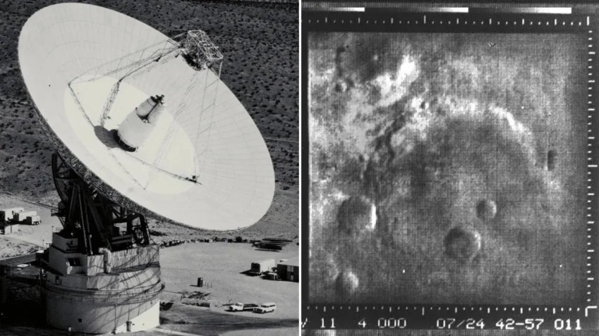 A antena de 64 metros (esquerda) em Goldstone, Califórnia, recebeu os sinais da Mariner 4. A imagem da Mariner 4 de mais alta resolução (direita) revelou a superfície marciana com crateras a 12.601 quilômetros acima / JPL/NASA