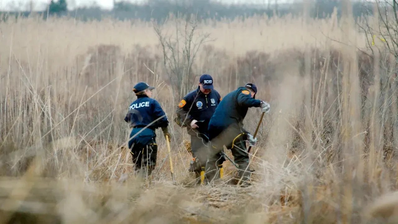 Investigadores da cena do crime usam detectores de metal para procurar os restos mortais de Shannan Gilbert em um pântano em 12 de dezembro de 2011, em Oak Beach, Nova York / James Carbone/Pool/Newsday