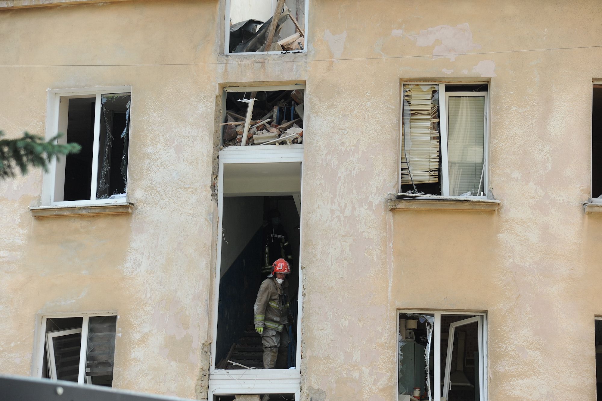 View of a damaged apartment building