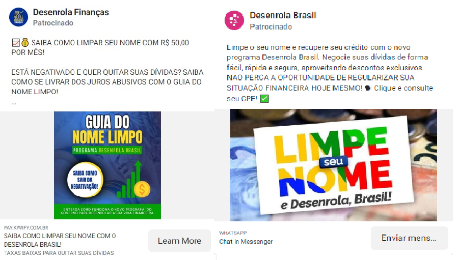 Anúncios falsos do Desenrola Brasil que estão circulando em redes sociais e aplicativos de mensagens / Reprodução