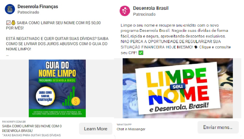 Anúncios falsos do Desenrola Brasil que estão circulando em redes sociais e aplicativos de mensagens / Reprodução