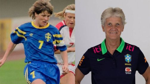 Montagem com fotos de Pia Sundhage em 1991 e 2023