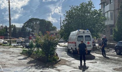 Police officers block a street near the site of the blast in the center of Taganrog