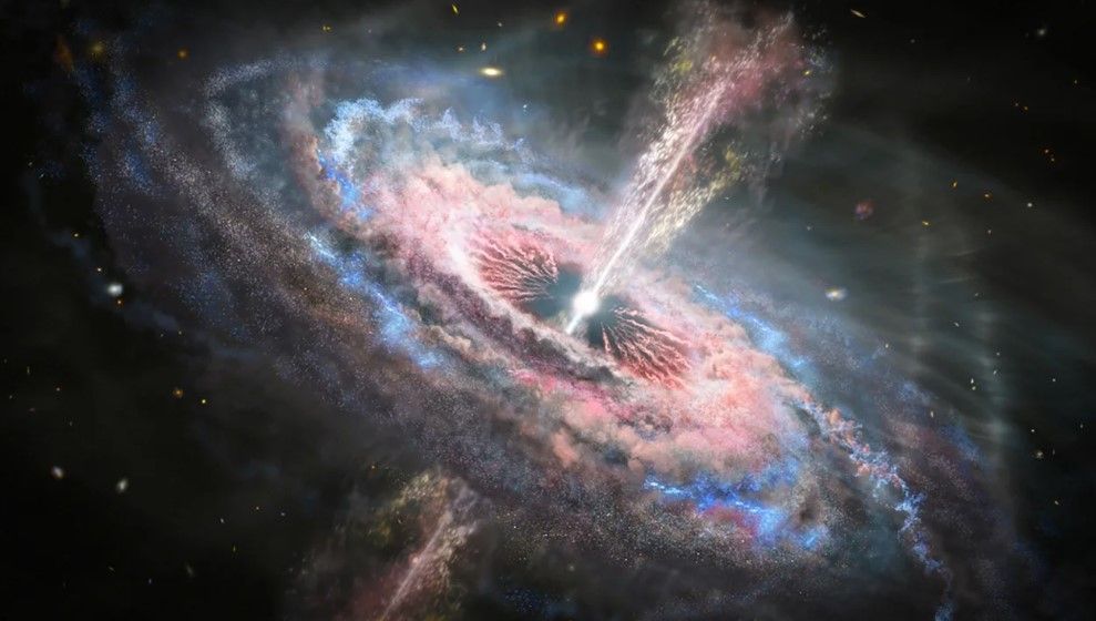 Ilustração de um artista mostra uma galáxia distante com um quasar ativo em seu centro. Um quasar é excepcionalmente brilhante porque libera toneladas de energia gerada quando um buraco negro supermassivo engole gás, poeira e objetos celestes