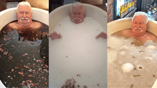 Lech Wałęsa aparece tomando banho de cerveja, vinho e leite de cabra