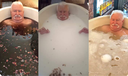 Lech Wałęsa aparece tomando banho de cerveja, vinho e leite de cabra