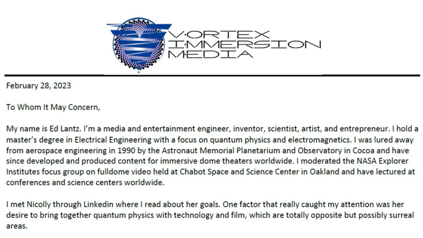 Trecho da carta de recomendação do ex-engenheiro da Nasa, Ed Lantz / Arquivo pessoal