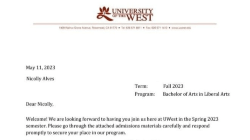 Trecho da carta de aprovação na University of the West, nos Estados Unidos / Arquivo pessoal