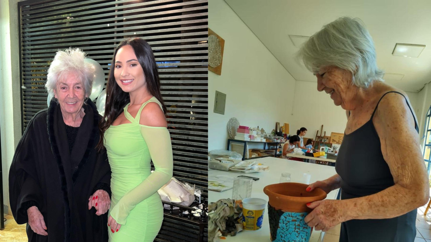 Sofia e sua avó, Mary. Entre as atividades rotineiras, Mary tem aulas de arte uma vez por semana / Reprodução