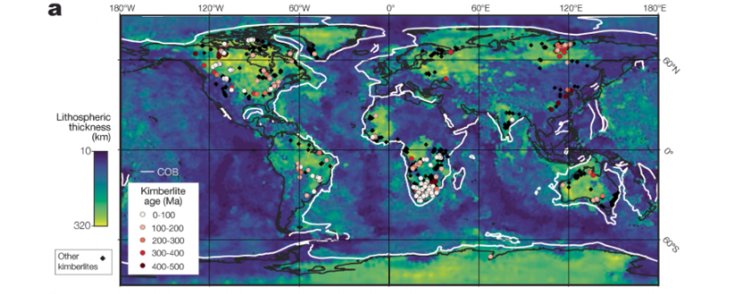 Idade dos kimberlitos espalhados pela Terra em bilhões de anos / Reprodução/Revista Nature