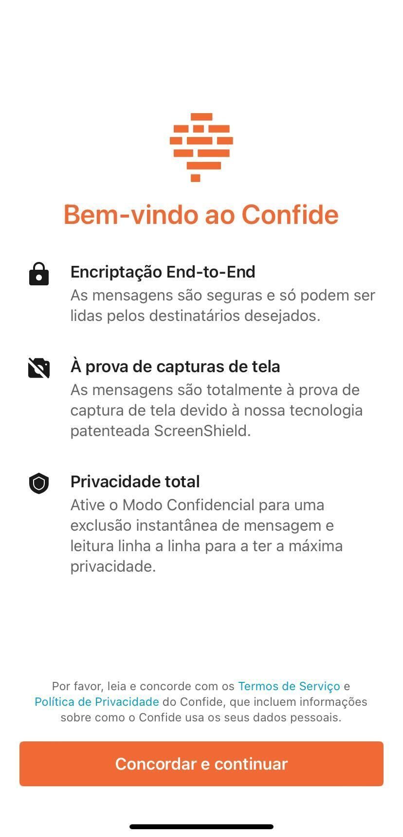 Tela inicial que aparece no aplicativo Confide, que promete mensagens confidenciais. / Reprodução
