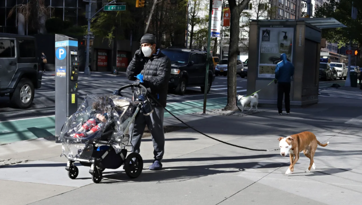 Um homem fala ao telefone enquanto empurra uma criança em um carrinho e passeia com um cachorro em 20 de abril de 2020 em Nova York / Foto: Cindy Ord/Getty Images