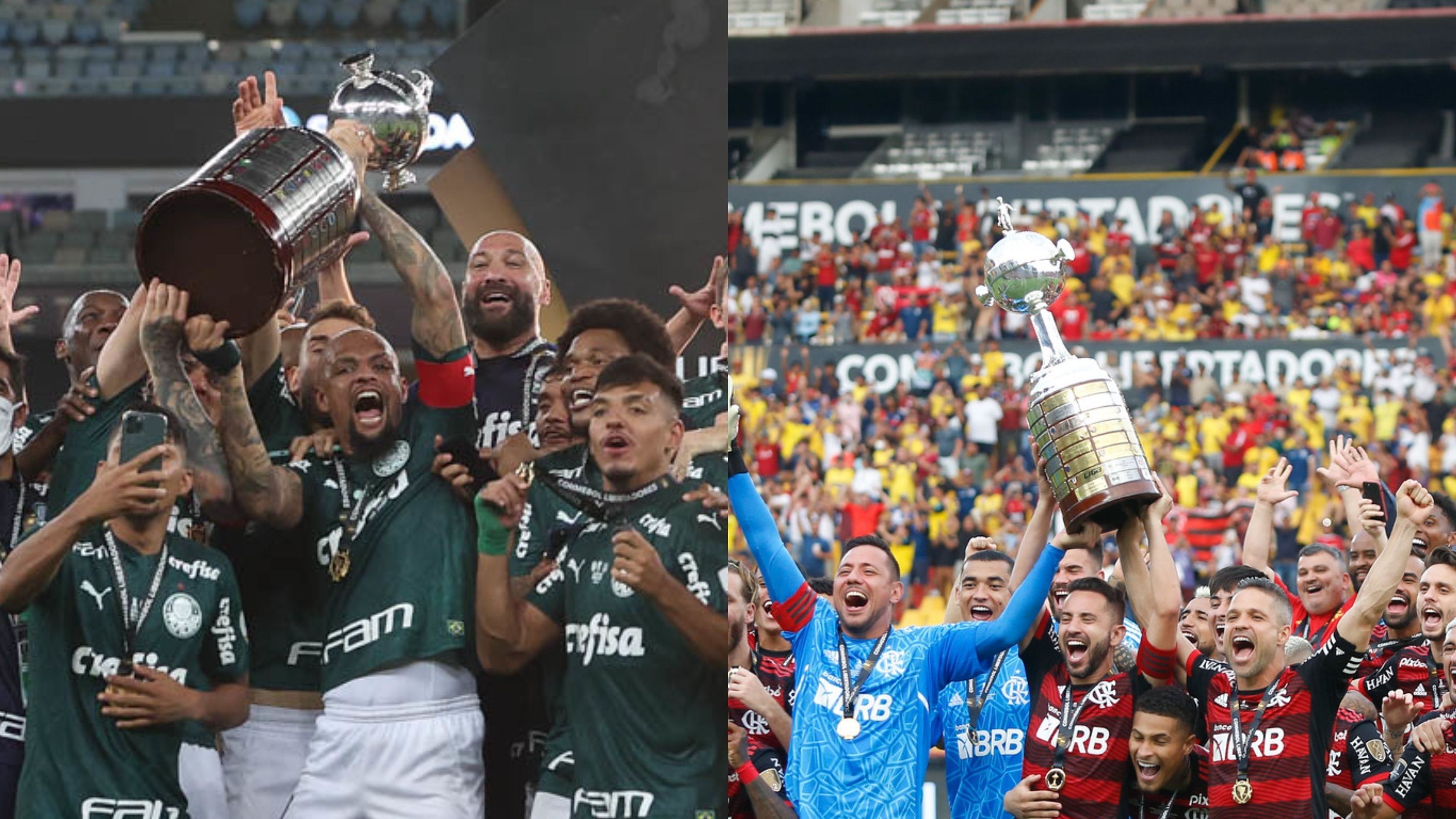 Montagem com elencos de Palmeiras e Flamengo comemorando os títulos da Libertadores de 2020 e 2022, respectivamente