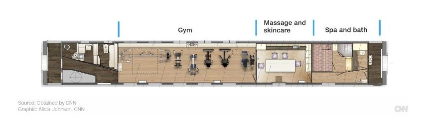 O trem tem um vagão-academia, um vagão para massagem e cuidados com a pele, e um vagão que funciona como spa, sauna e banheiro / CNN