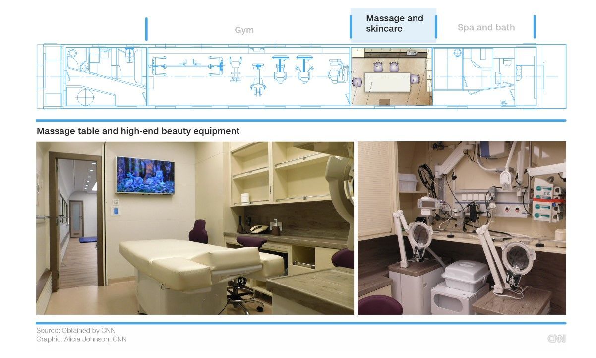 Vagão onde funciona o salão de beleza e massagem de Putin, segundo o documento vazado / CNN