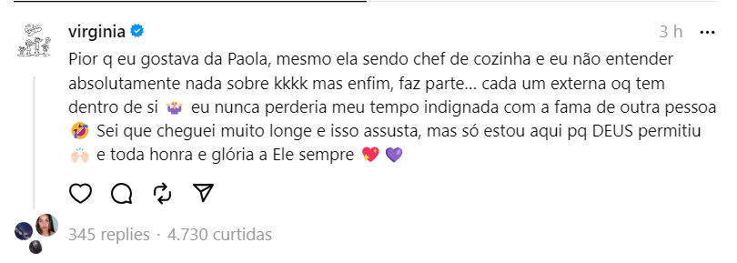 Virginia Fonseca responde sobre fala de Paola Carosella / Reprodução/Threads/@virginia