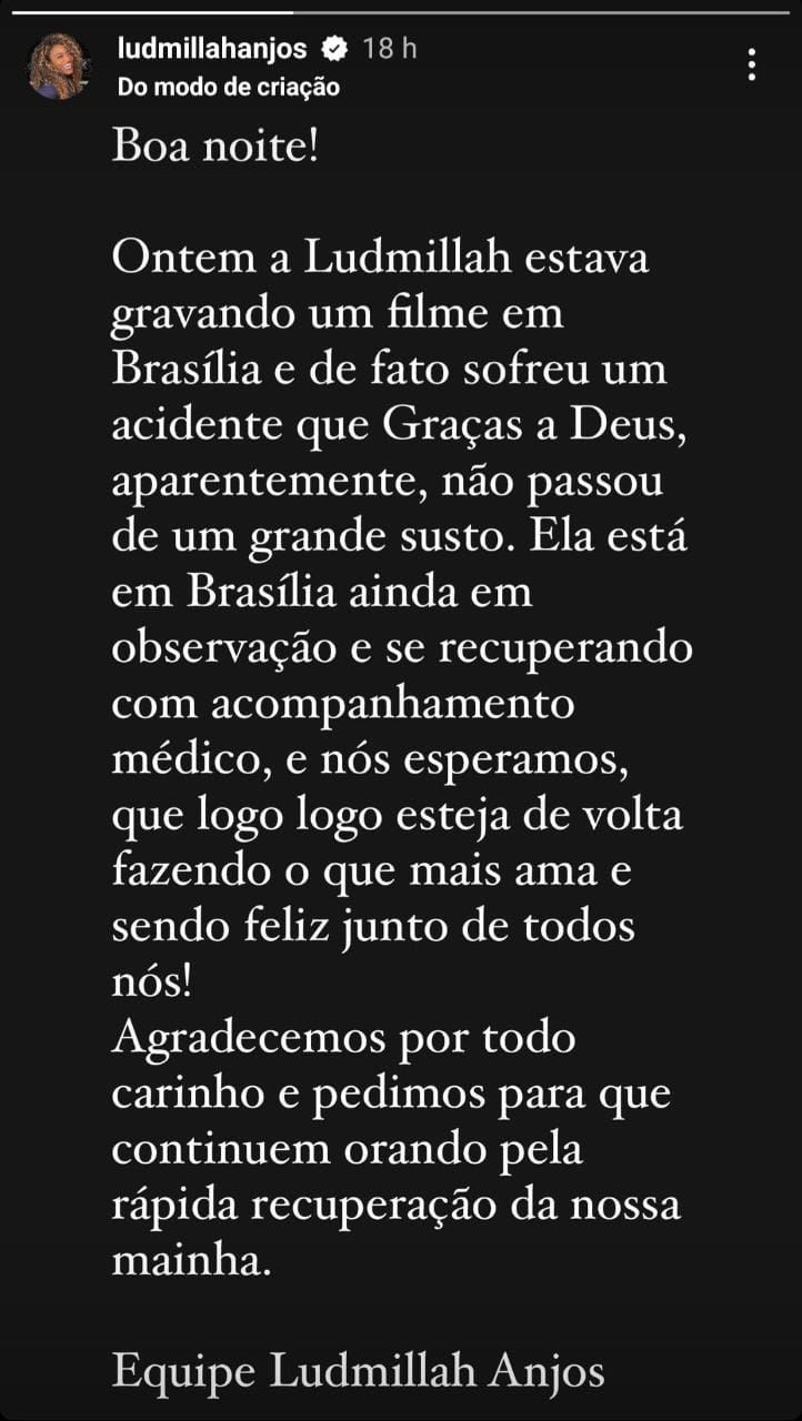 Equipe de Ludmillah Anjos emite comunicado sobre estado de saúde da atriz / Reprodução / Instagram