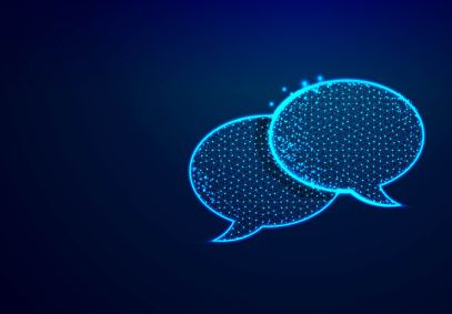 Dialogue, Chat clouds. Speech bubble icon from lines, triangles and particle style design. Low poly technology, devices, people communication concept on blue background.