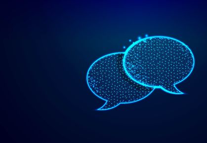 Dialogue, Chat clouds. Speech bubble icon from lines, triangles and particle style design. Low poly technology, devices, people communication concept on blue background.