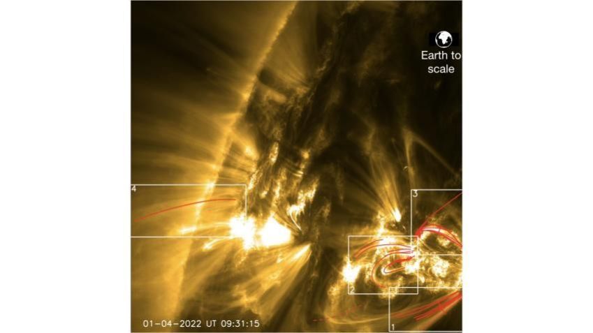 Visão SolO no EUV em 30 de março de 2022 mostrando uma seção parcial do Sol com gás a 1 milhão de graus. Os caminhos vermelhos correspondem a alguns dos rastros de chuva analisados neste trabalho. A imagem da Terra foi sobreposta em escala. / Patrick Antolin. Imagem de fundo: ESA/Solar Orbiter EUI/HRI