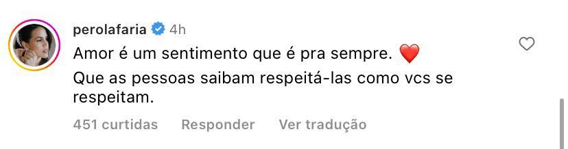 Pérola Faria pediu que respeitem o momento do ex-casal /Reprodução/Marcella Rica/Instagram