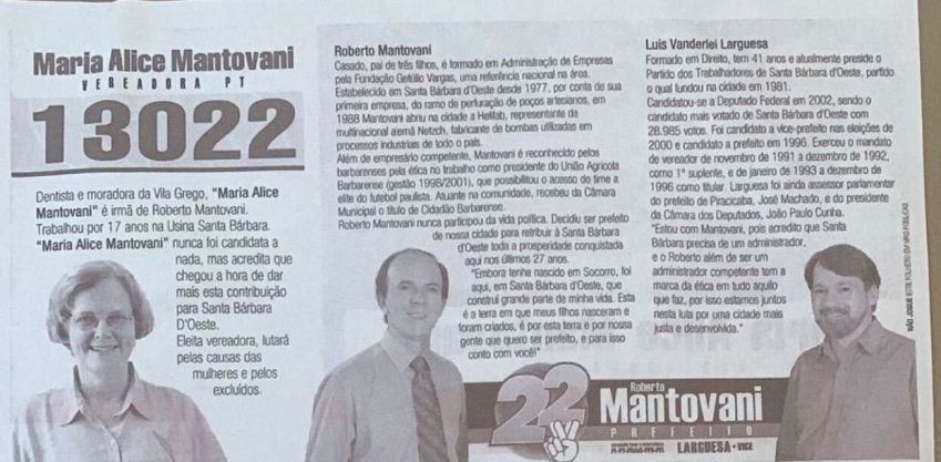 Campanha eleitoral de Mantovani junto com candidatura do PT / Reprodução